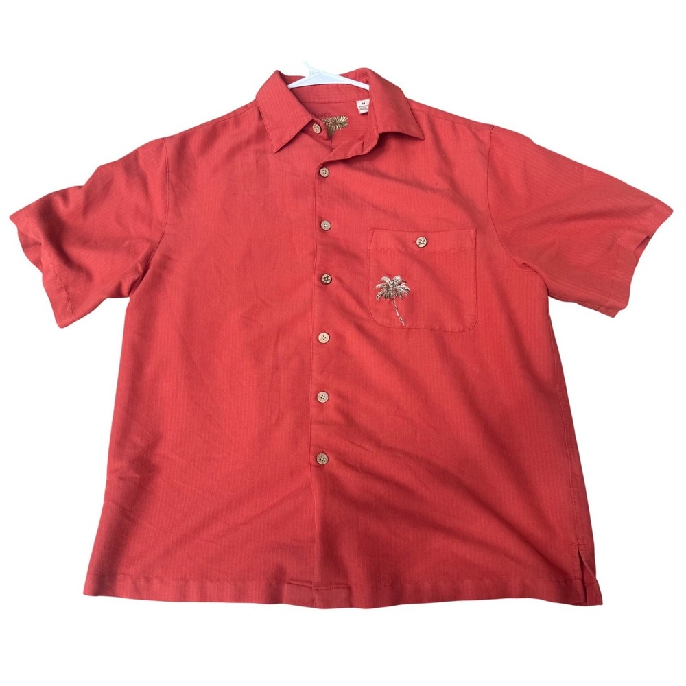 Caribbean Men's Button Down Shirt Coral Red Tropical‎ Embroidered Relax Size M